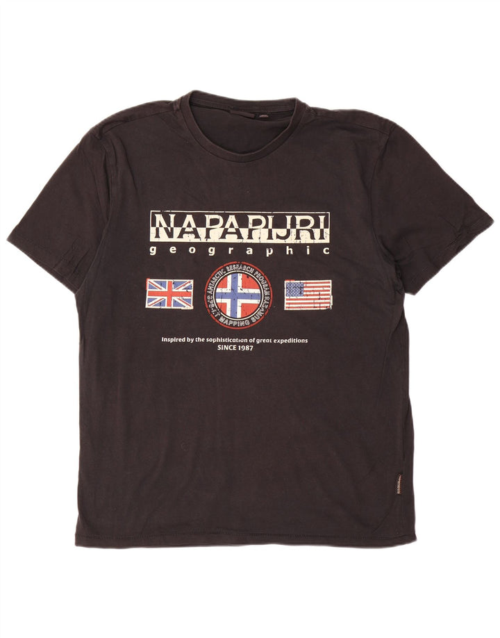 NAPAPIJRI Mens Geographic Graphic T-Shirt Top Large Black Cotton