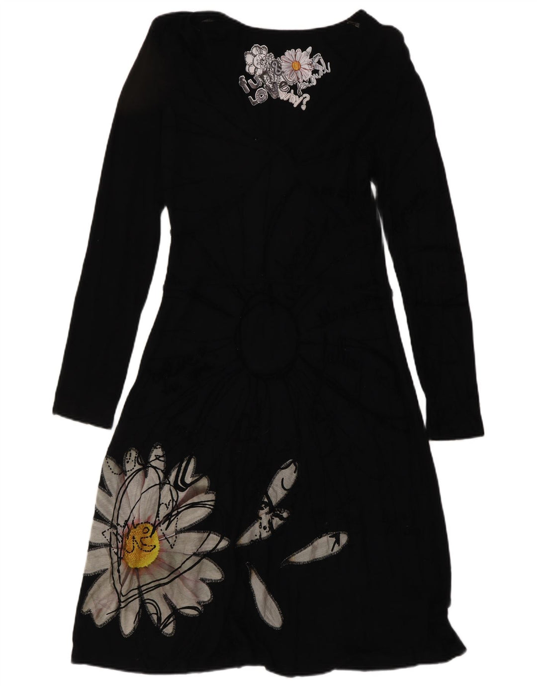 Desigual Womens Long Sleeve Basic Dress UK 14 Large Black Floral Viscose