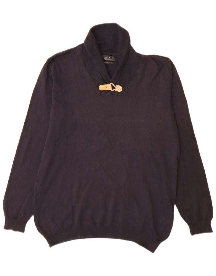 Zara Mens Shawl Neck Jumper Sweater Medium Navy Blue Cotton