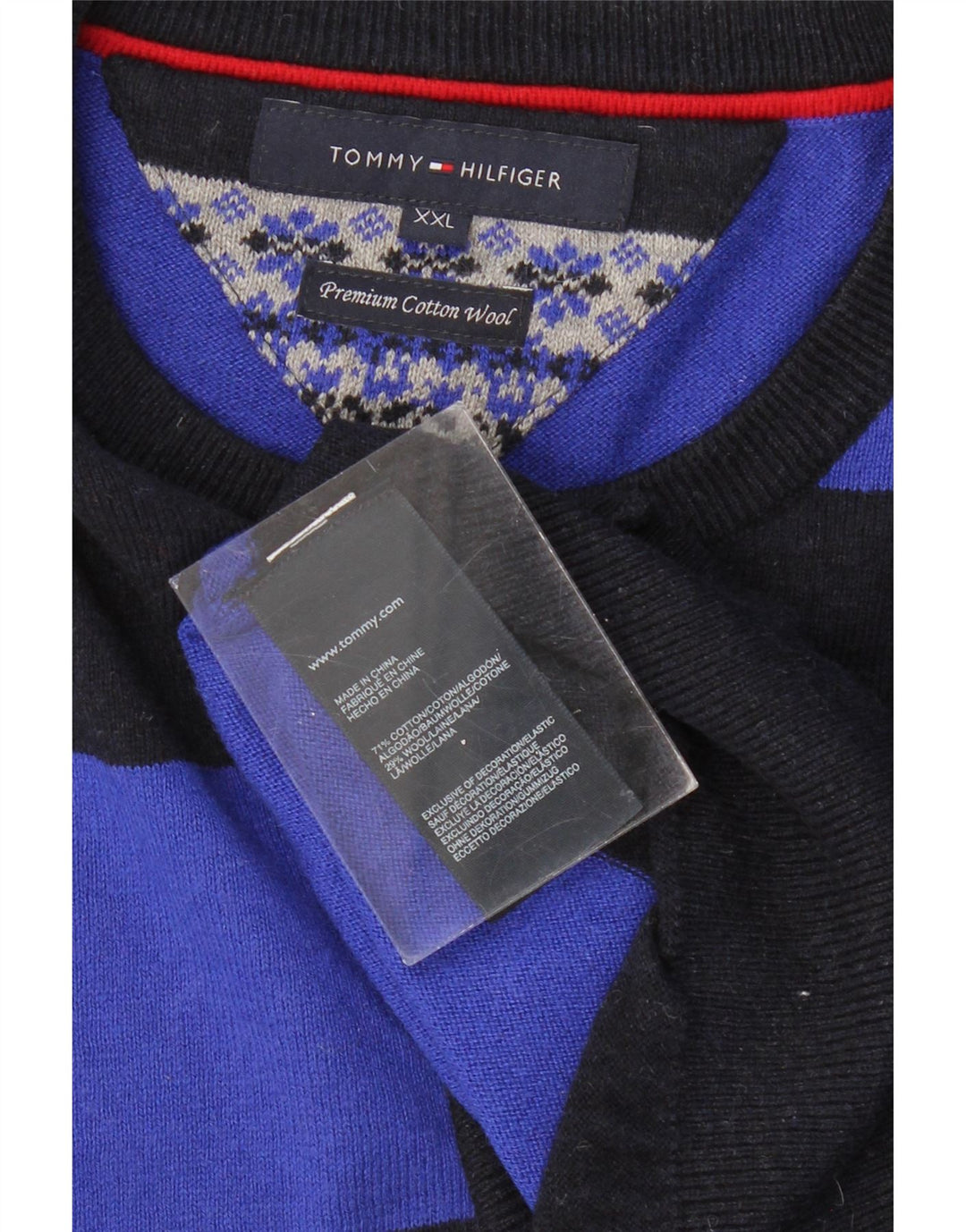 TOMMY HILFIGER Mens Crew Neck Jumper Sweater 2XL Black Striped Cotton