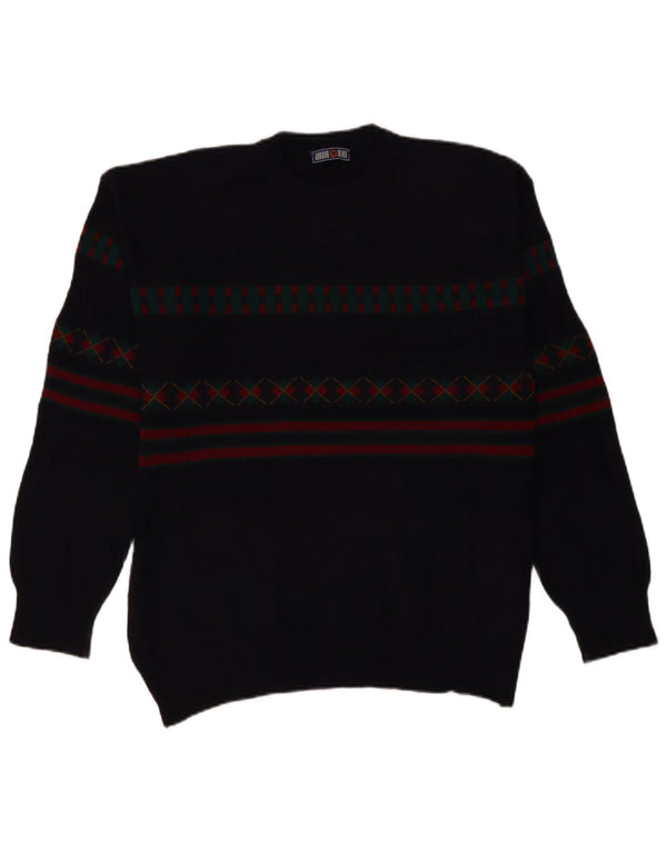 VINTAGE Mens Turtle Neck Jumper Sweater IT 50 Large Navy Blue Geometric