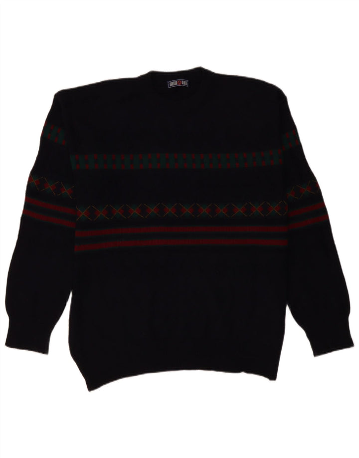VINTAGE Mens Turtle Neck Jumper Sweater IT 50 Large Navy Blue Geometric