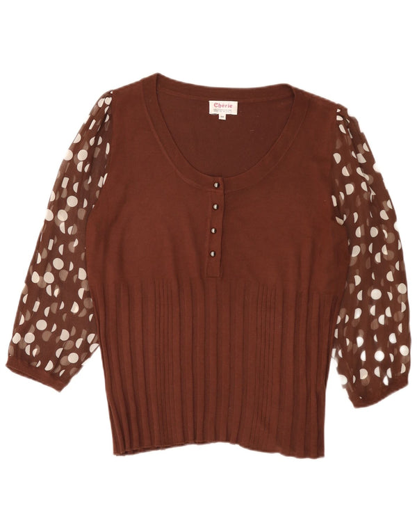 cherie Womens 3/4 Sleeve Blouse Top UK 18 XL Brown Polka Dot Viscose