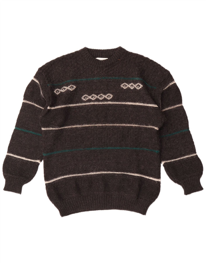 Vintage Mens Crew Neck Jumper Sweater Medium Grey Striped Wool