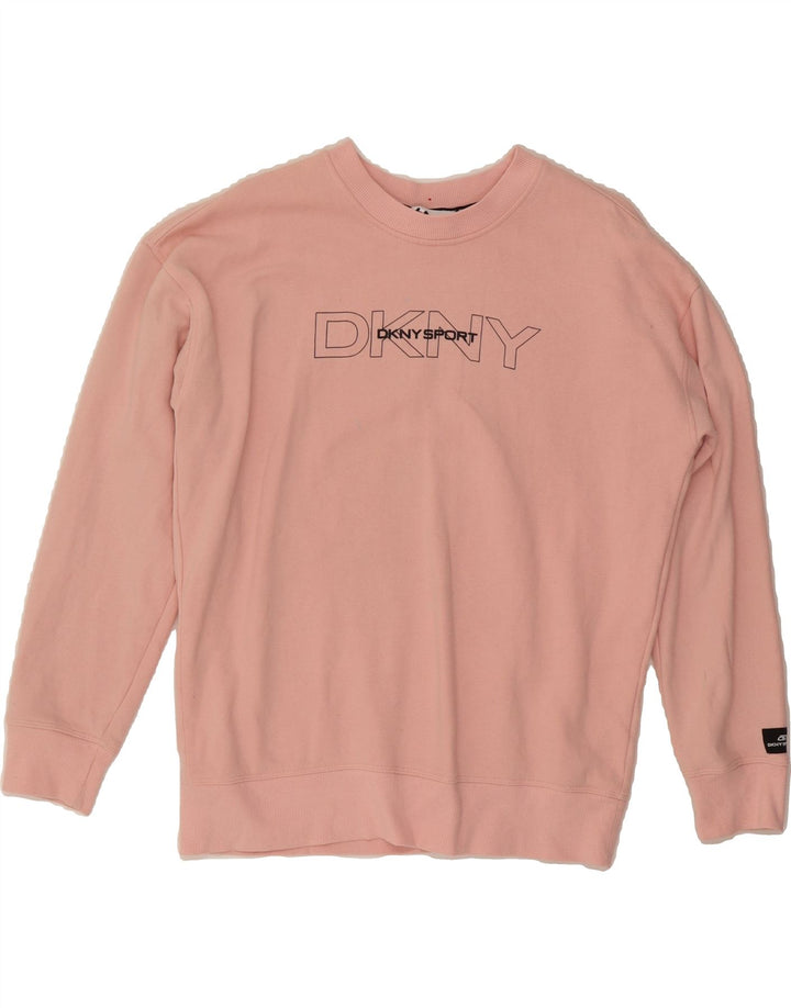 DKNY Womens Graphic Oversized Sweatshirt Jumper UK 14 Medium Pink Cotton Vintage Dkny and Second-Hand Dkny from Messina Hembry 