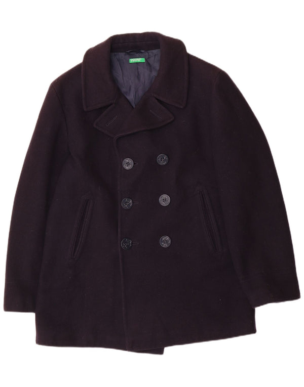Benetton Mens Pea Coat IT 48 Medium Navy Blue Wool