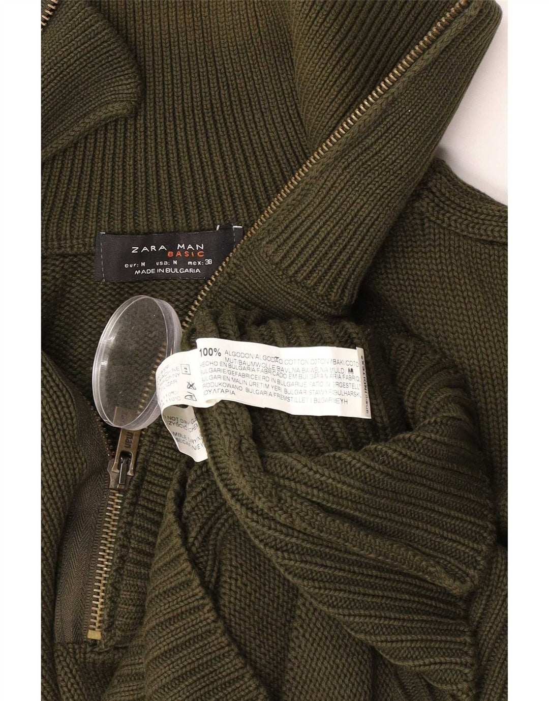 Zara Mens Zip Neck Jumper Sweater Medium Green Cotton