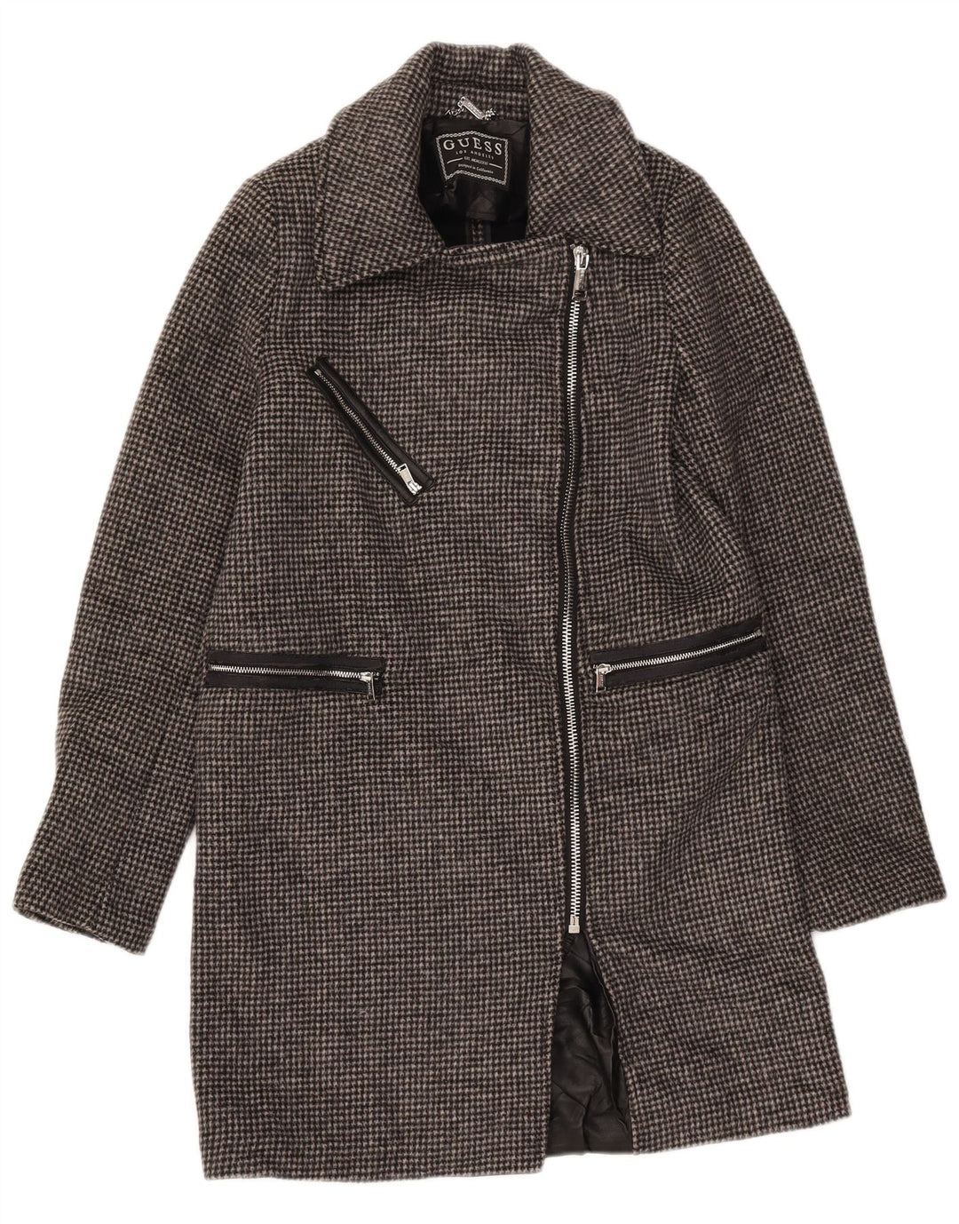 GUESS Womens Full Zip Overcoat UK 6 XS Grey Houndstooth Wool