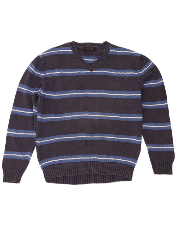 Zara Mens V-Neck Jumper Sweater Large Grey Striped