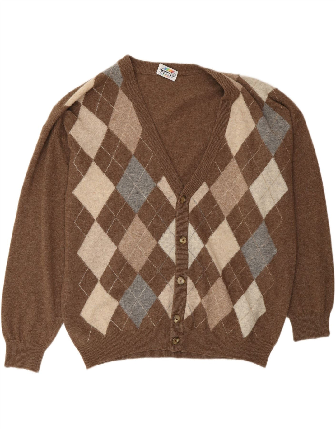 MONELLO Mens Cardigan Sweater IT 52 Large Brown Argyle/Diamond Wool