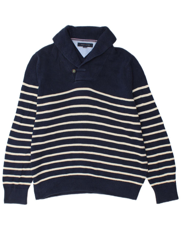 Tommy Hilfiger Mens Shawl Neck Jumper Sweater Large Navy Blue Striped
