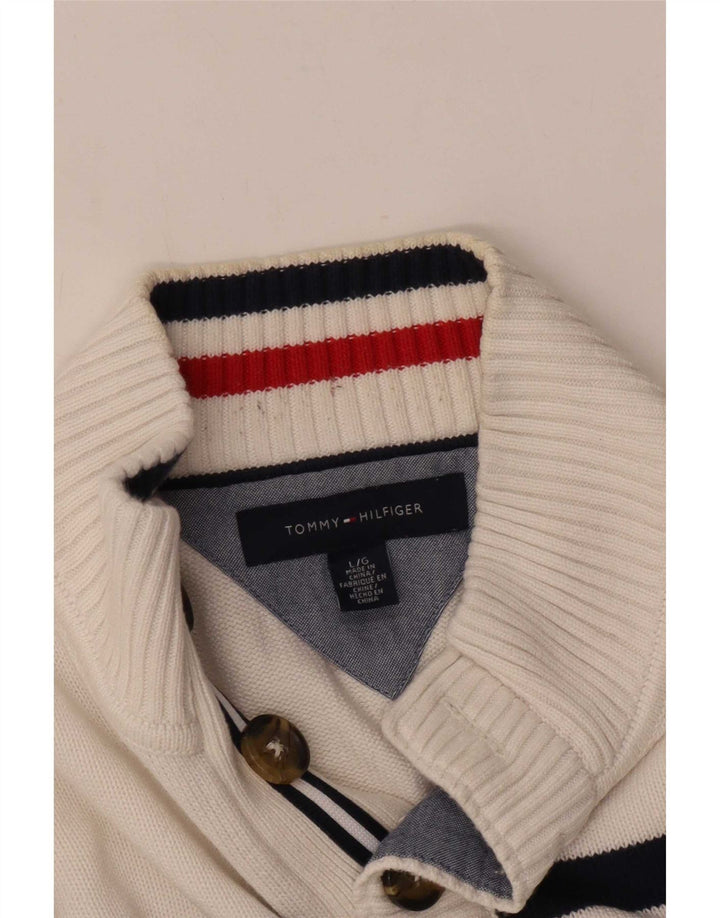 Tommy Hilfiger Mens Button Neck Jumper Sweater Large White Striped