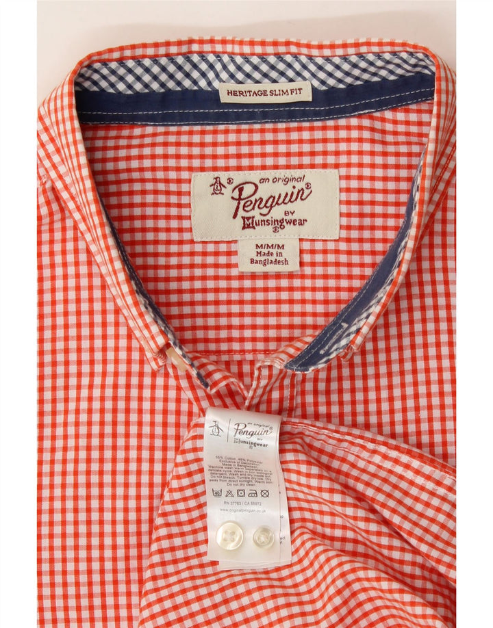 PENGUIN Mens Heritage Slim Fit Short Sleeve Shirt Medium Red Gingham Vintage Penguin and Second-Hand Penguin from Messina Hembry 