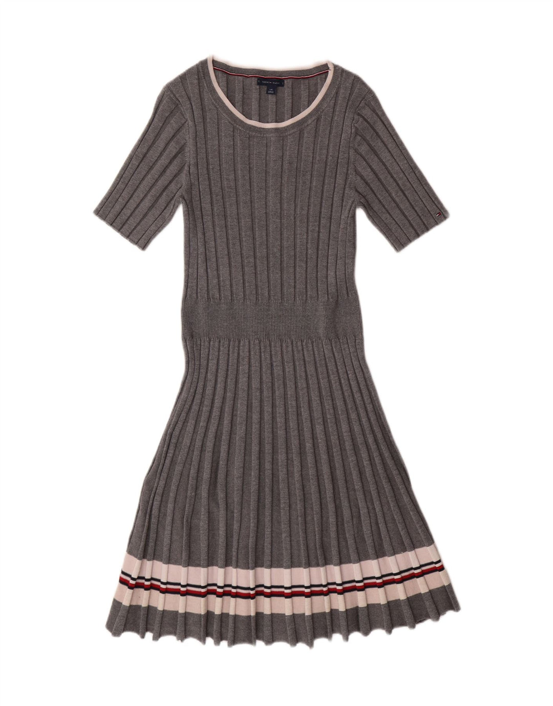 TOMMY HILFIGER Womens Jumper Dress UK 14 Large Grey Striped Viscose