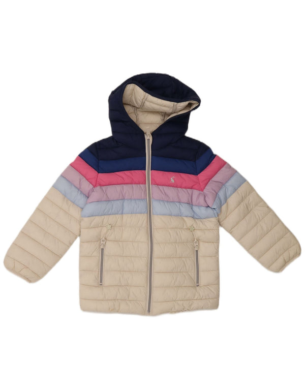 JOULES Girls Hooded Padded Jacket 7-8 Years Off White Colourblock