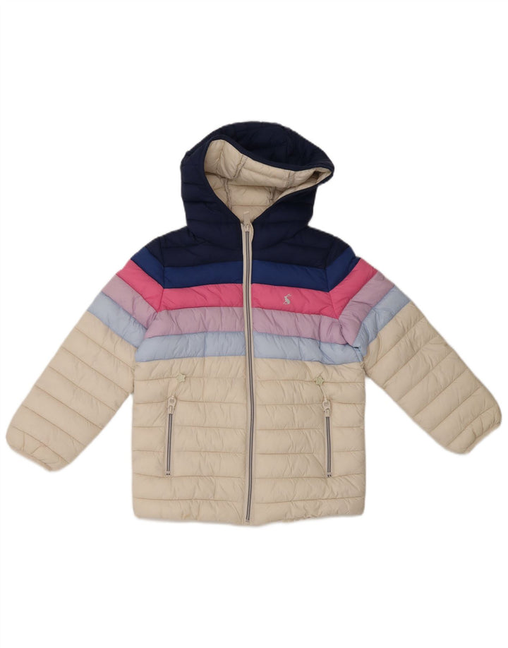 JOULES Girls Hooded Padded Jacket 7-8 Years Off White Colourblock