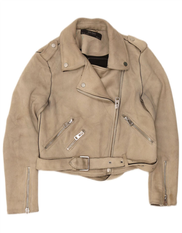 Zara Womens Crop Biker Jacket UK 10 Small Beige Polyester