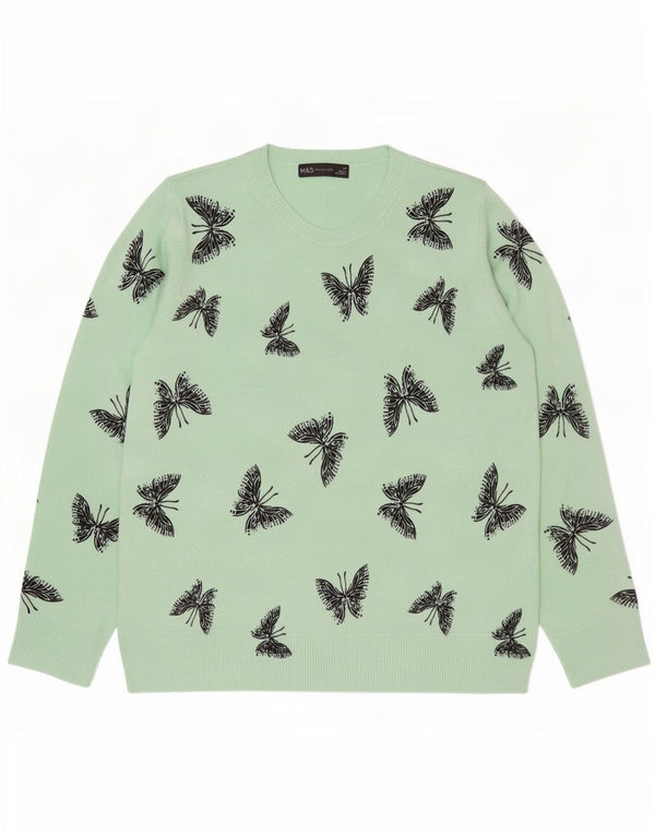 Marks & Spencer Womens Crew Neck Jumper Sweater UK 14 Large Green Butterfly