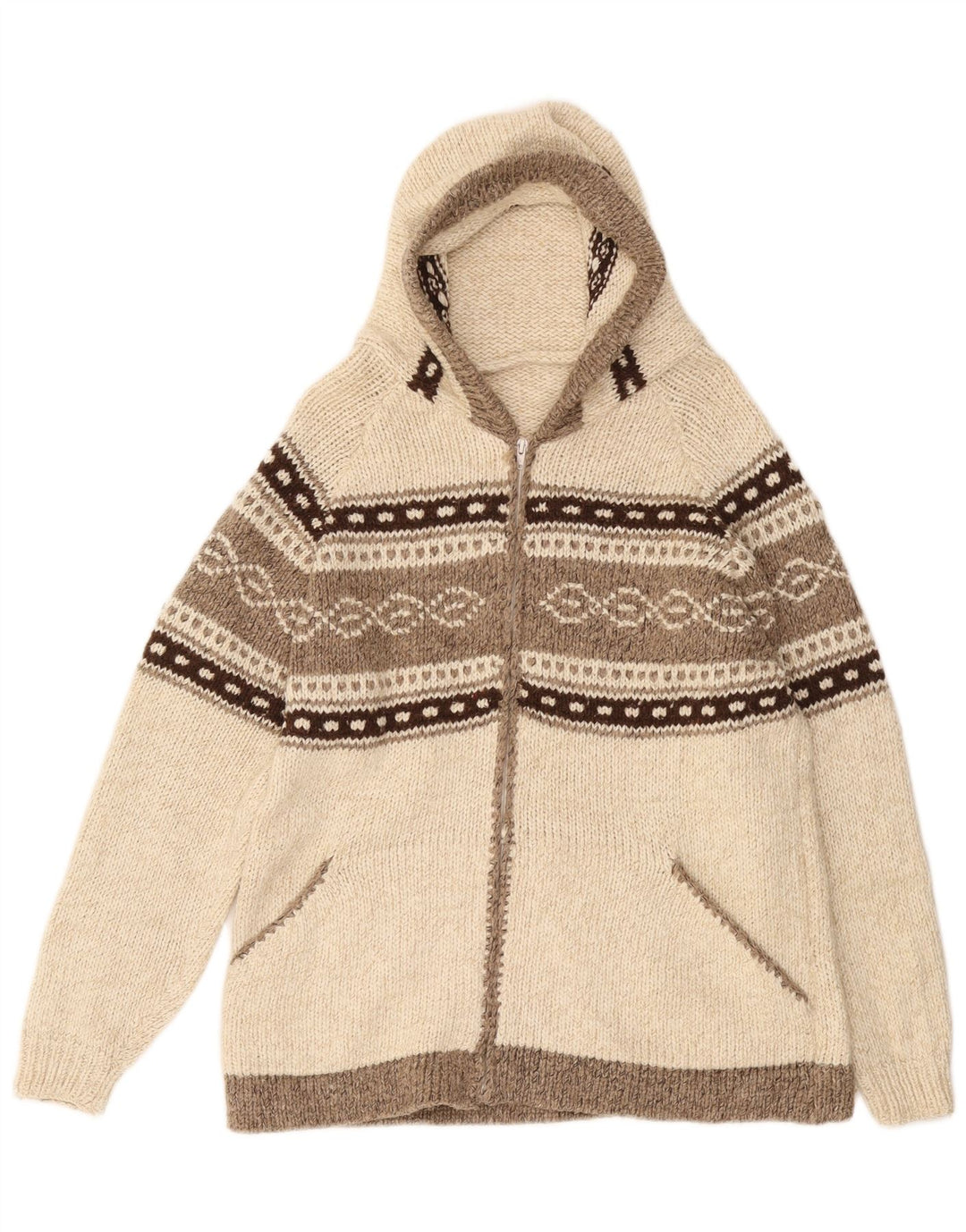 VINTAGE Mens Hooded Cardigan Sweater Medium Off White Fair Isle