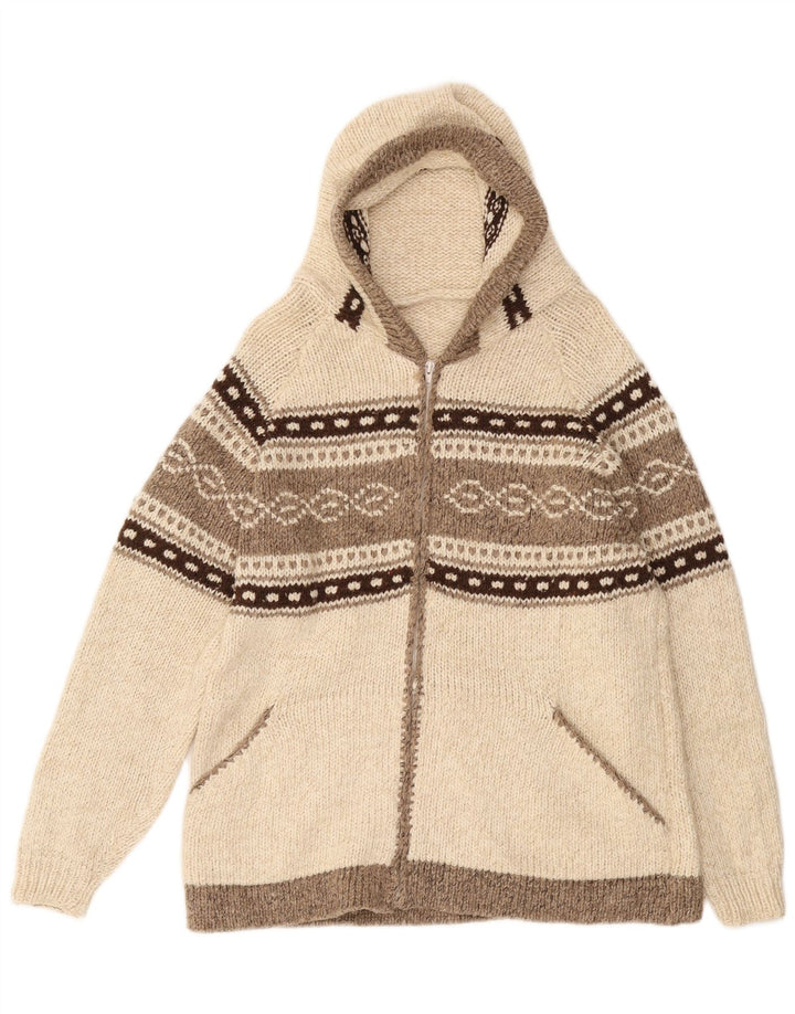 VINTAGE Mens Hooded Cardigan Sweater Medium Off White Fair Isle