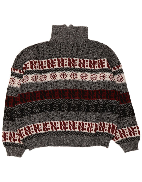 Vintage Womens Zip Neck Jumper Sweater UK 14 Medium Grey Fair Isle