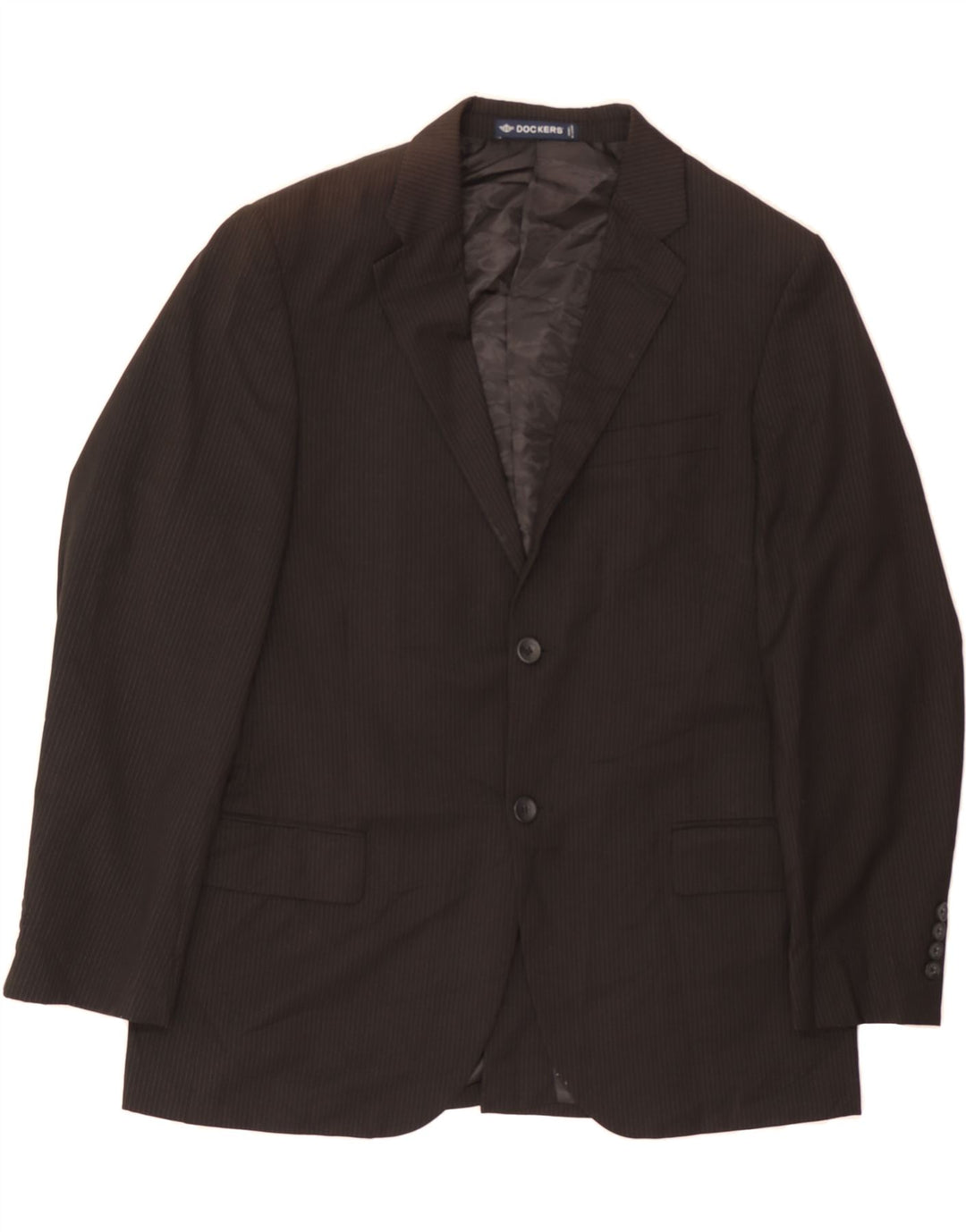 DOCKERS Mens 2 Button Blazer Jacket UK 40 Large Black Pinstripe Polyester Vintage Dockers and Second-Hand Dockers from Messina Hembry 