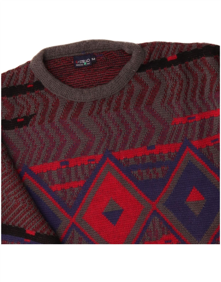CASTELLO Mens Crew Neck Jumper Sweater IT 52 Large Red Argyle/Diamond Wool