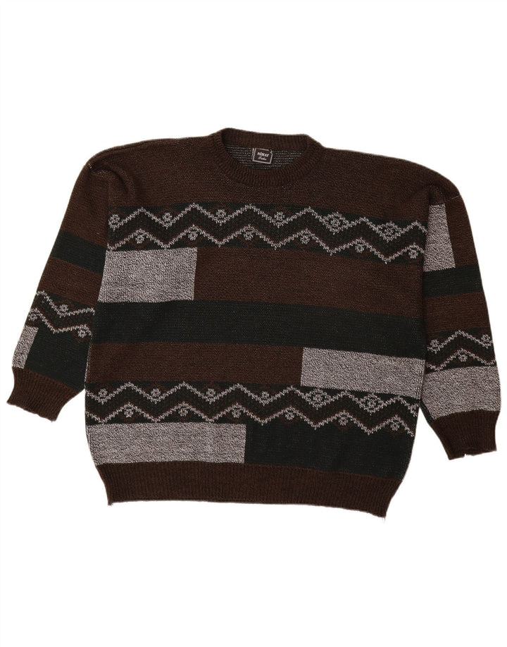 VINTAGE Mens Crew Neck Jumper Sweater XL Brown Colourblock Acrylic