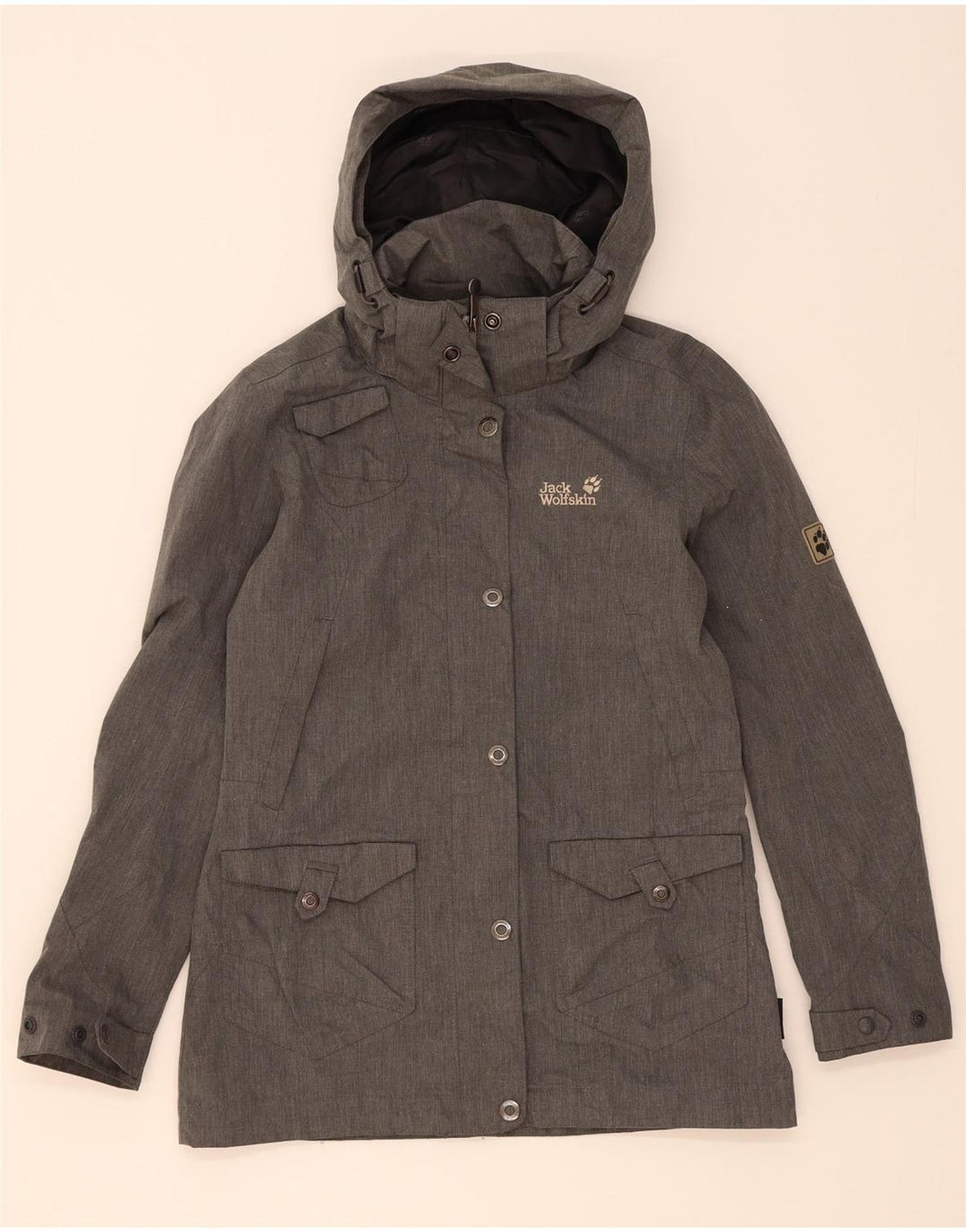 JACK WOLFSKIN Womens Hooded Windbreaker Jacket UK 10 Small  Grey Polyester Vintage Jack Wolfskin and Second-Hand Jack Wolfskin from Messina Hembry 