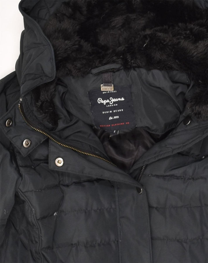 PEPE JEANS Womens Hooded Padded Coat UK 10 Small Black Polyester | Vintage PEPE Jeans | Thrift | Second-Hand PEPE Jeans | Used Clothing | Messina Hembry 