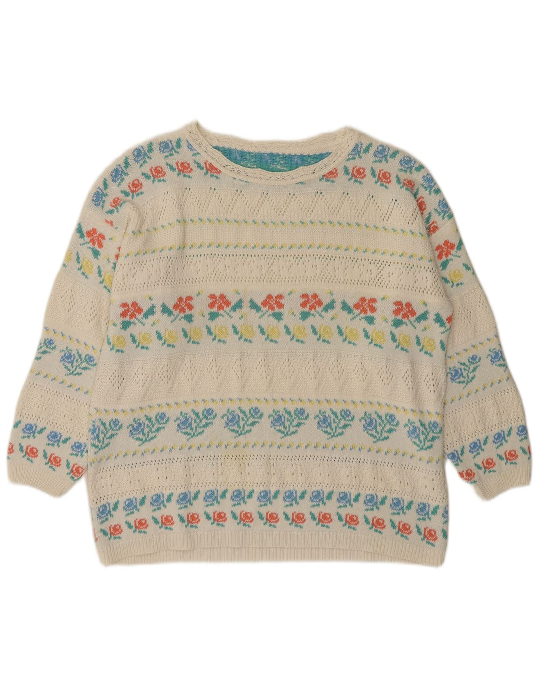 VINTAGE Womens Boat Neck Jumper Sweater IT 46 Large White Floral Acrylic