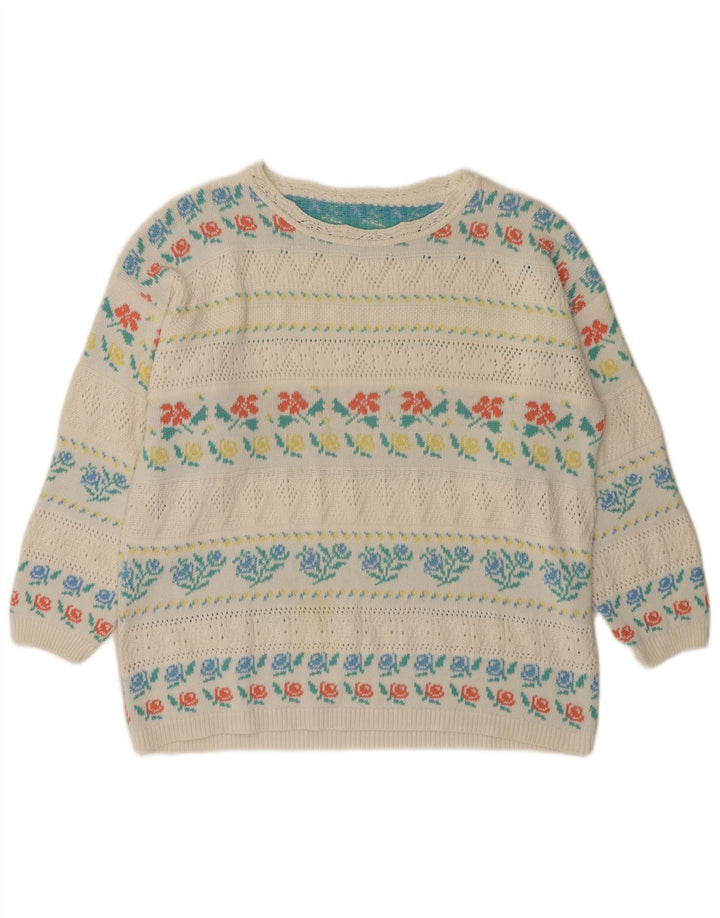VINTAGE Womens Boat Neck Jumper Sweater IT 46 Large White Floral Acrylic