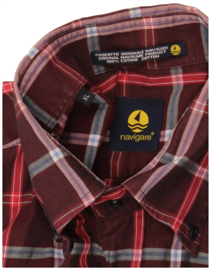 NAVIGARE Mens Short Sleeve Shirt XL Burgundy Check Cotton