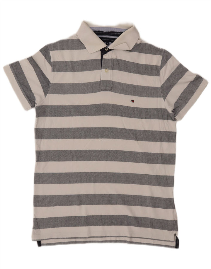 TOMMY HILFIGER Mens Polo Shirt Medium Grey Striped Cotton