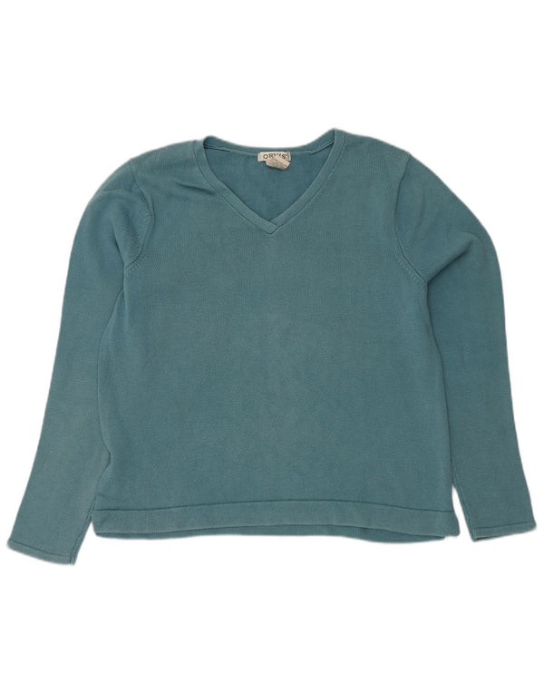 Orvis Womens V-Neck Jumper Sweater UK 14 Large Blue Cotton
