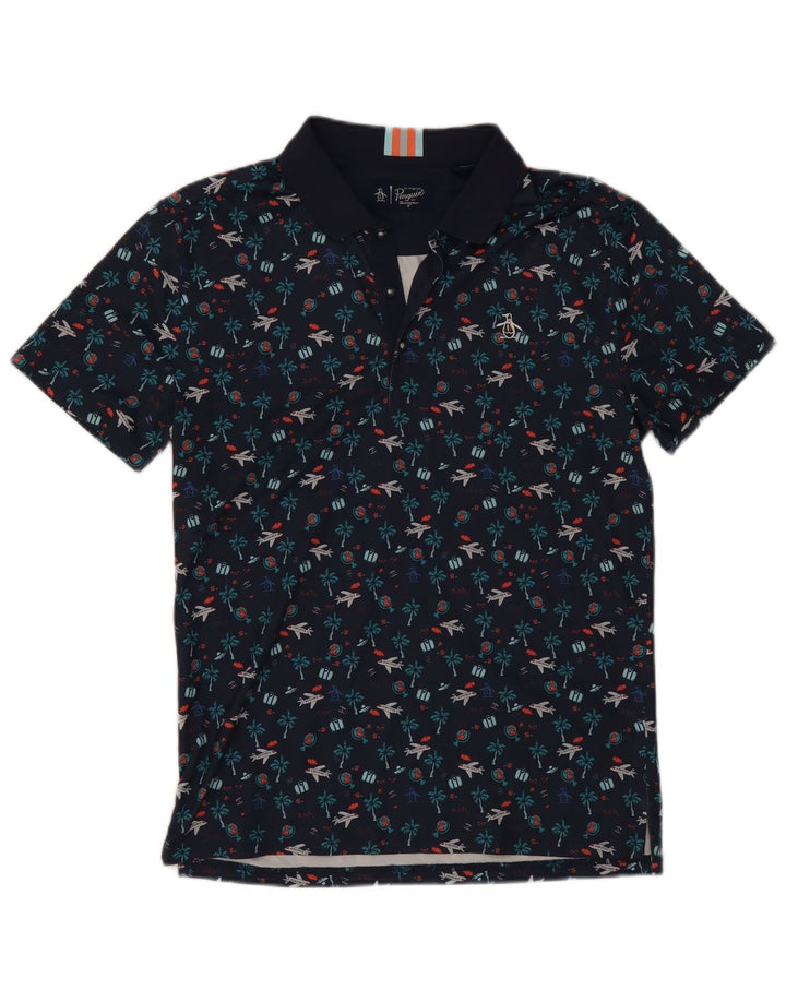 Penguin Mens Graphic Polo Shirt Small Navy Blue Polyester