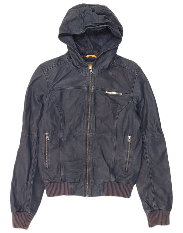 Superdry Womens Hooded Leather Jacket UK 14 Medium Navy Blue Leather