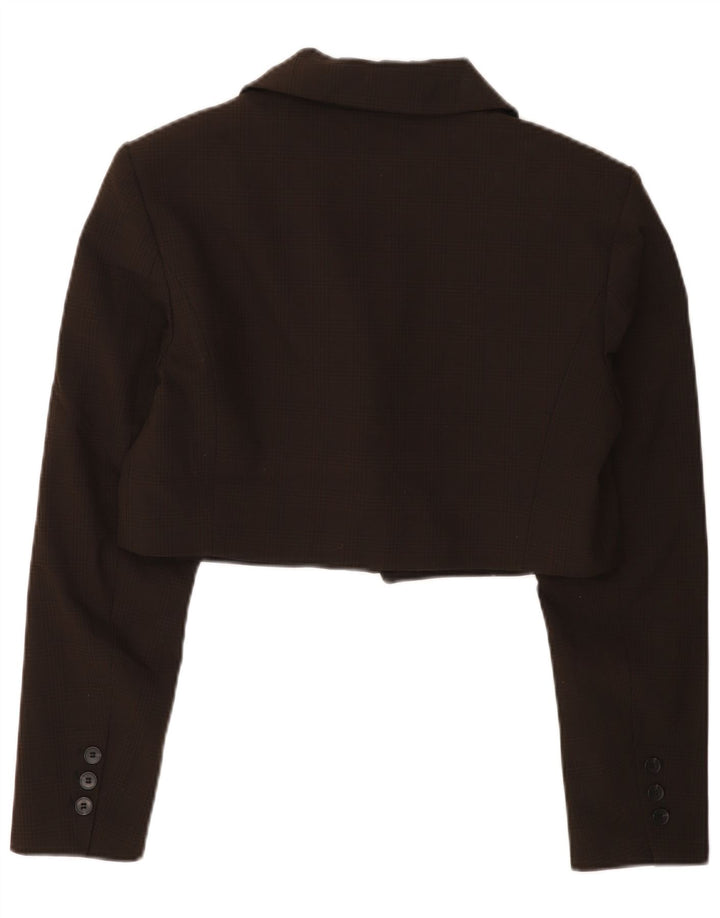 Zara Womens Crop 1 Button Blazer Jacket UK 16 Large Brown Check Polyester