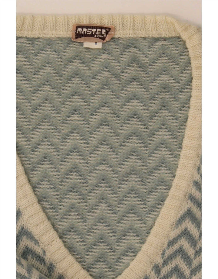 Master Womens V-Neck Jumper Sweater UK 14 Medium Blue Chevron