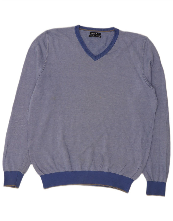Massimo Dutti Mens V-Neck Jumper Sweater Large Blue Cotton