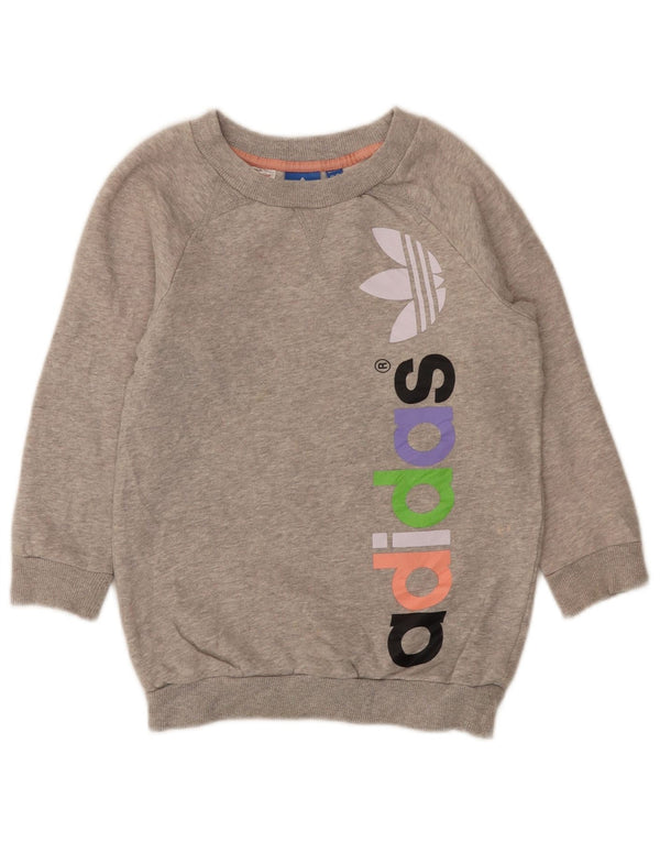 Adidas Girls Graphic Sweatshirt Jumper 7-8 Years Grey Flecked Cotton