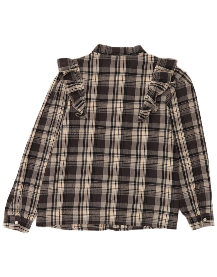 Les Copains Womens Flannel Ruffle Front Shirt IT 46 Large Grey Check