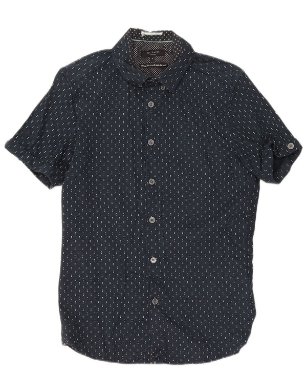 Ted Baker Mens Short Sleeve Shirt Size 3 Medium Navy Blue Geometric Cotton