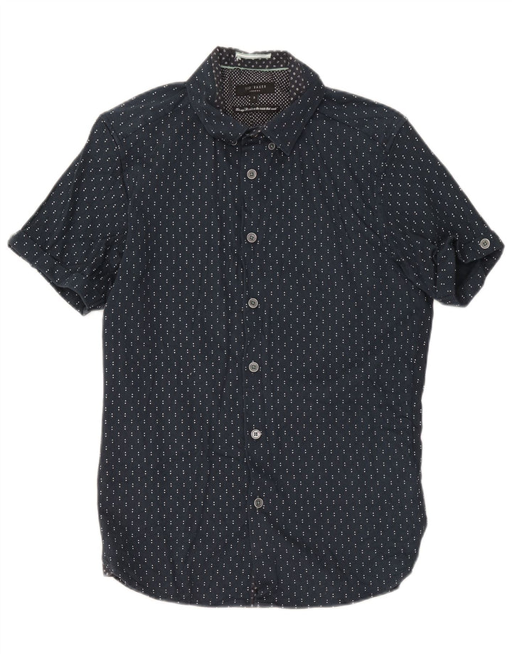 Ted Baker Mens Short Sleeve Shirt Size 3 Medium Navy Blue Geometric Cotton