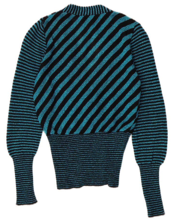 Vintage Womens V-Neck Cardigan Sweater UK 6 XS Turquoise Striped