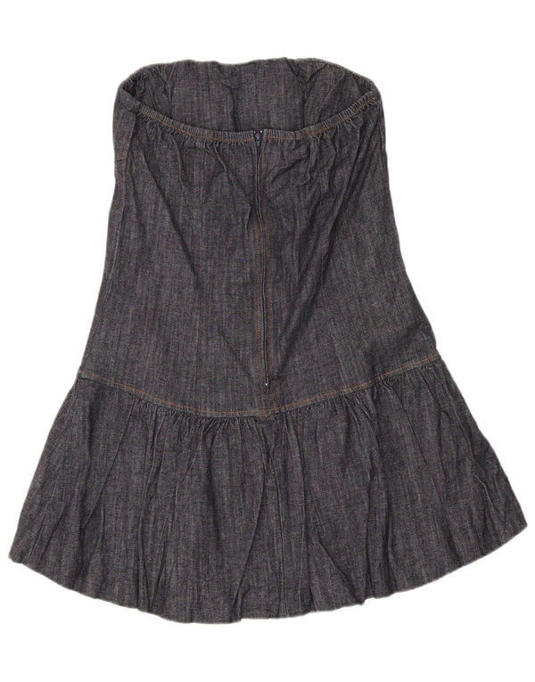 Vintage Womens Denim Mini Strapless Dress UK 14 Large Navy Blue Cotton