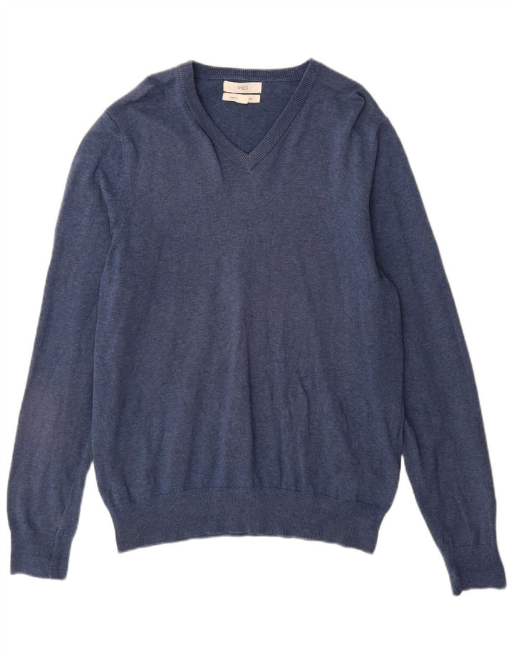 Marks & Spencer Mens V-Neck Jumper Sweater Medium Blue Cotton