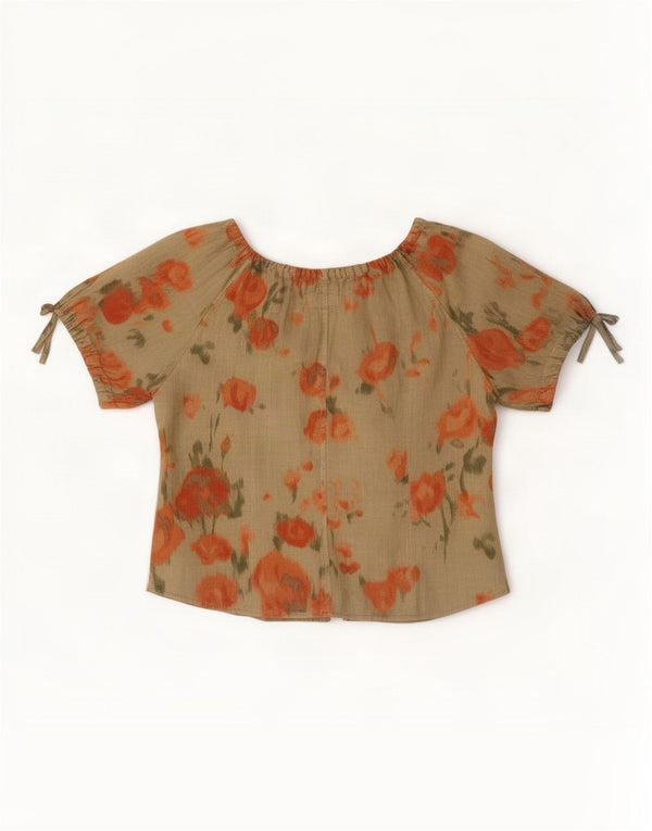 Gio Anna Womens Short Sleeve Shirt Blouse IT 46 Large Khaki Floral Linen
