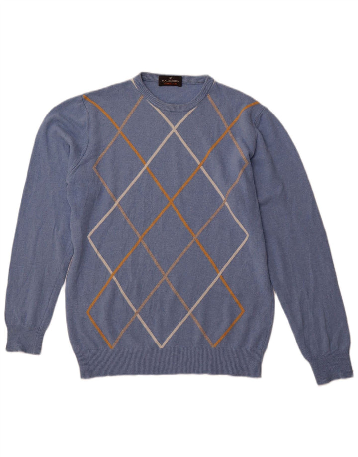 MALAGRIDA Mens Crew Neck Jumper Sweater Large Blue Argyle/Diamond