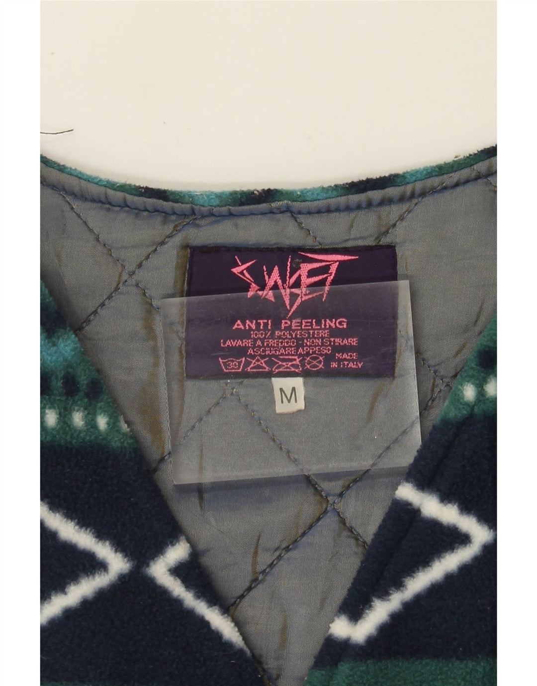 Vintage Womens Fleece Gilet UK 14 Medium Green Argyle/Diamond Retro